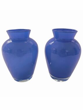 Set 2 Hand Blown Periwinkle Blue Glass Bud Vases Small 5” Tall Cornflower Blue